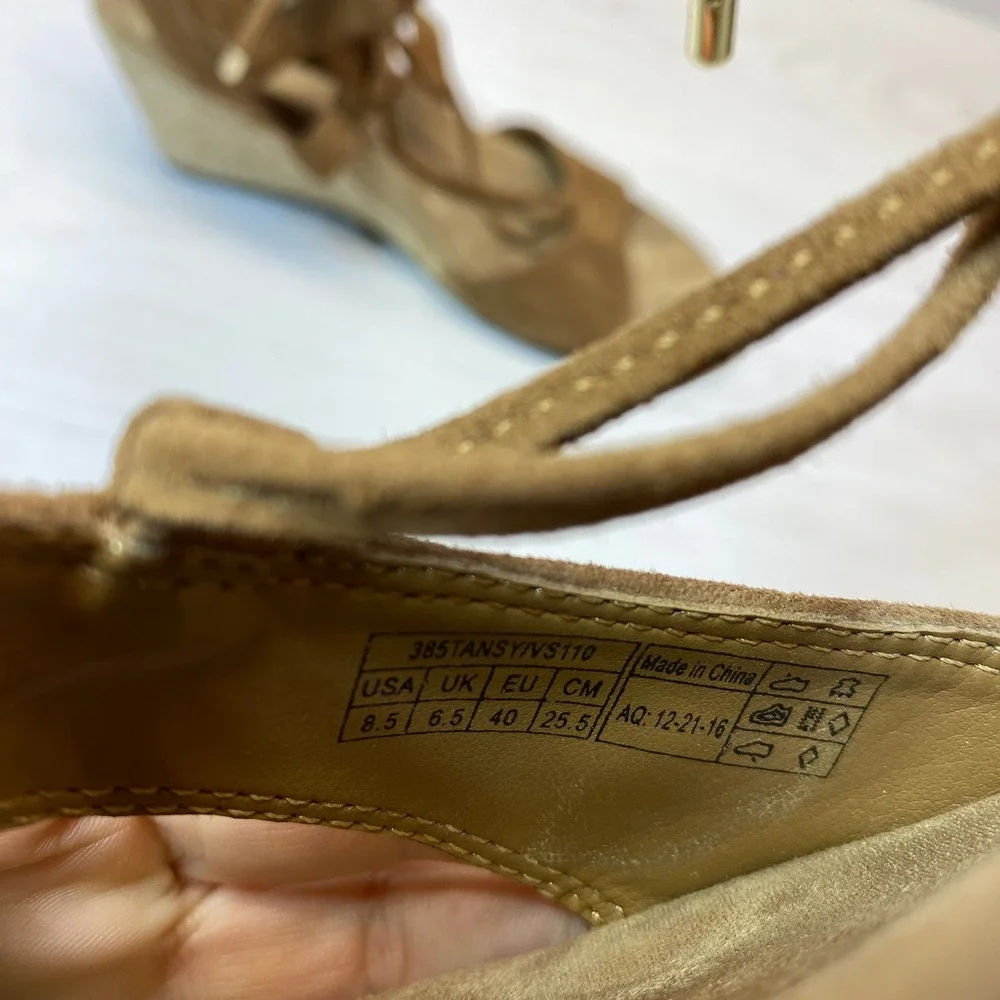 Vionic Womens 8.5 Tansy Wedge Sandal Lace Up Espadrille Tan Suede Comfort Boho